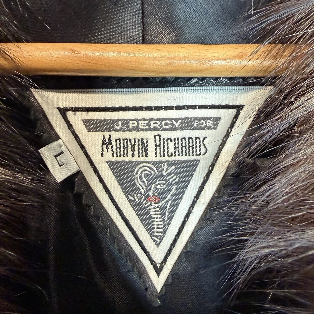 Vtg J Percy Marvin Richards Black Leather Silver Fox Fur Collar Coat ~ Women's L - Picture 10 of 16